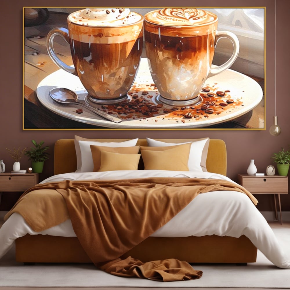 Tablou canvas cu tablou canvas cu cesti de cafea, in rama de aluminiu auriu, pe perete intr-un dormitor